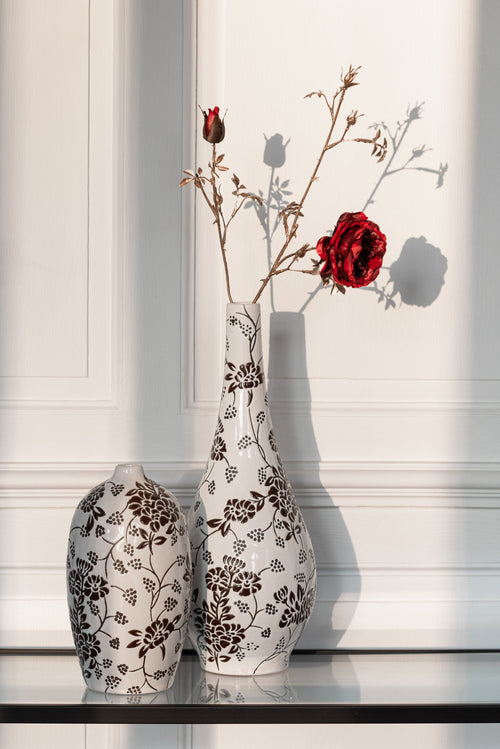 J-Line vaas Zen Ovaal - porslein - wit/zwart - 24 cm hoog