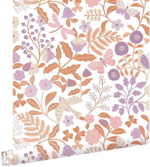 ESTAhome behang bloemen en vogels lila paars en terracotta - 53 cm x 10.05 m - 131392