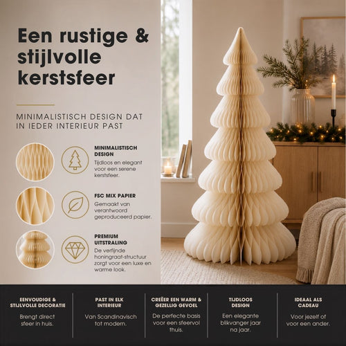 Mica Decorations Papieren Kerstboom - Opvouwbare Kunstkerstboom - H160  x Ø75cm - Kerst Decoratie - FSC Mix - Off-White/Goud