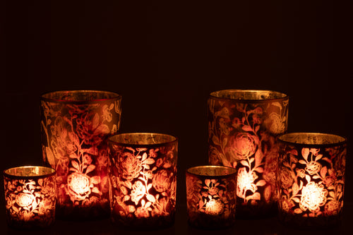 J-Line windlicht Bloemen - glas - paars/zilver - large - 2 stuks