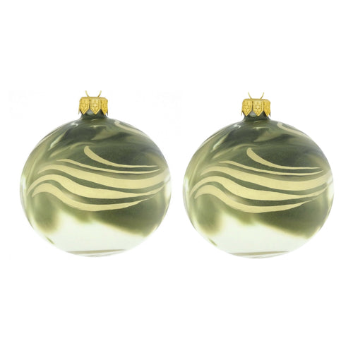 Dagmara kerstbal – olijfgroen – glas – set van 2 – met marmer effect en een gouden bladmotief - vtwonen shop