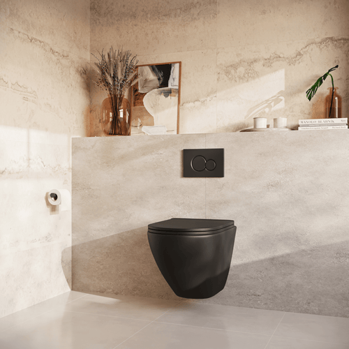 LOMAZOO hangtoiletset Linea - met inbouwreservoir & ronde drukplaat - rond - zwart