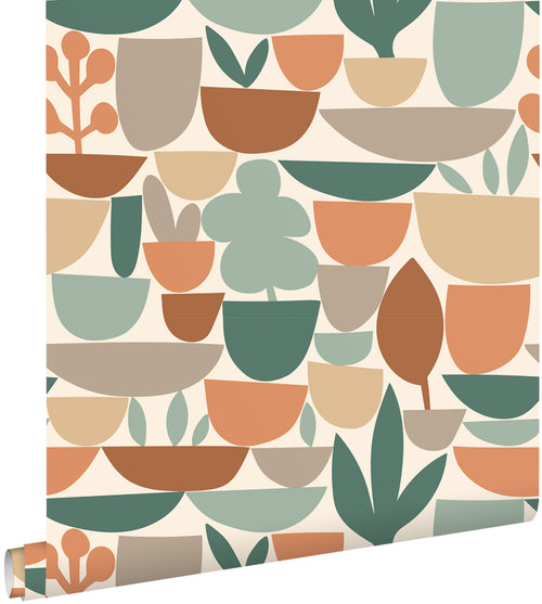 ESTAhome behang aardewerk en planten bruin en groen - 50 x 900 cm - 131077 - vtwonen shop