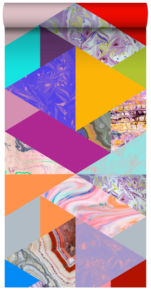 ESTAhome XXL behang driehoeken met marmer effect geel, blauw, roze en groen - 50 x 900 cm - 158914 - vtwonen shop