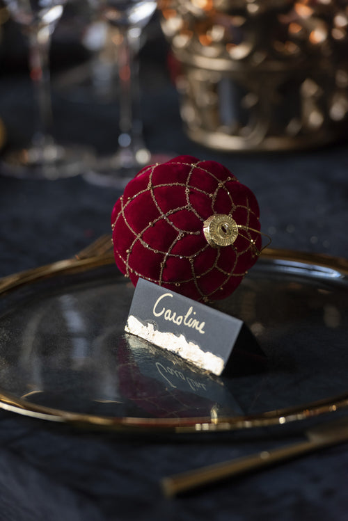 J-Line kerstbal Lijnen/Geruit - fluweel - rood/goud - doos van 4