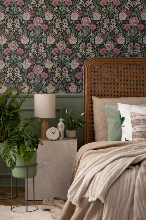 Borastapeter behang vintage bloemen in art nouveau stijl donkergroen en roze - 53 cm x 10.05 m - 660404 - vtwonen shop