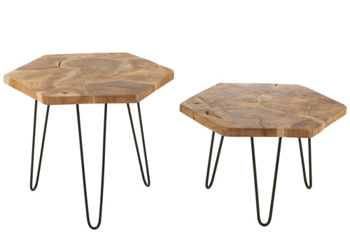 J-Line bijzettafel Hexagon - hout/metaal - naturel - set van 2