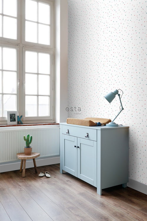 ESTAhome behang stippen roze, mintgroen en vergrijsd blauw - 53 cm x 10.05 m - 139049
