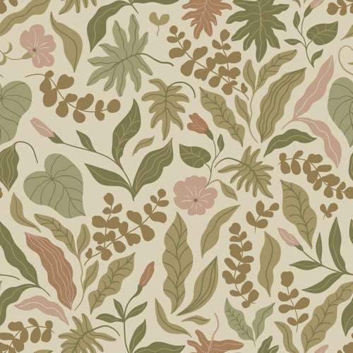 ESTAhome behang bladeren en bloemen olijfgroen, terracotta en roze - 50 x 900 cm - 131052 - vtwonen shop