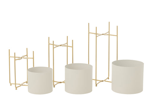 J-Line bloempot Rond - ijzer - goud/wit - set van 3