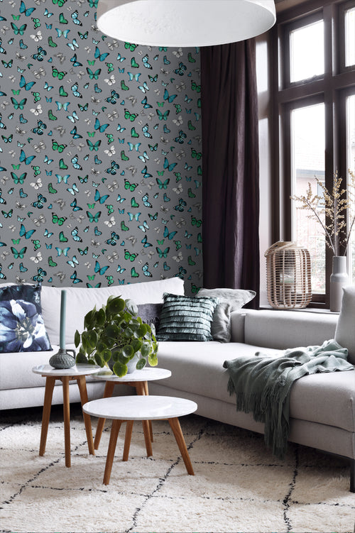 ESTAhome behang vlinders zilver en turquoise - 53 cm x 10.05 m - 138510