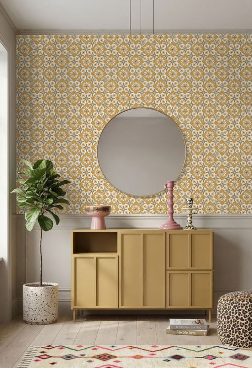 ESTAhome behang vintage bloemen okergeel en groen - 50 x 900 cm - 131503