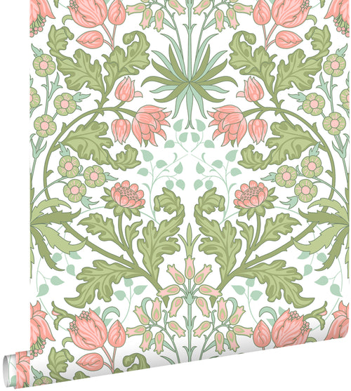 ESTAhome behang vintage bloemen in art nouveau stijl groen en roze - 50 x 900 cm - 131179 - vtwonen shop