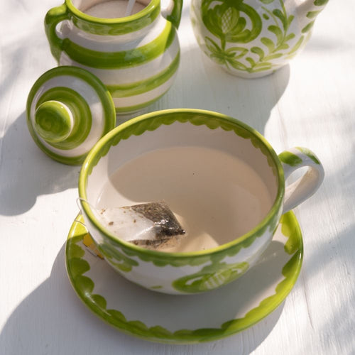 J-Line kopje + schoteltje Granada Stripes - keramiek - wit/groen - vtwonen shop