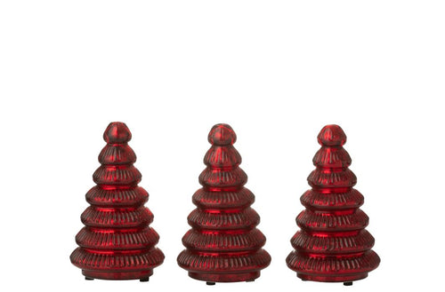 J-Line decoratie Boom Geribbeld - glas - kerstrood - doos van 3 - LED lichtjes - vtwonen shop