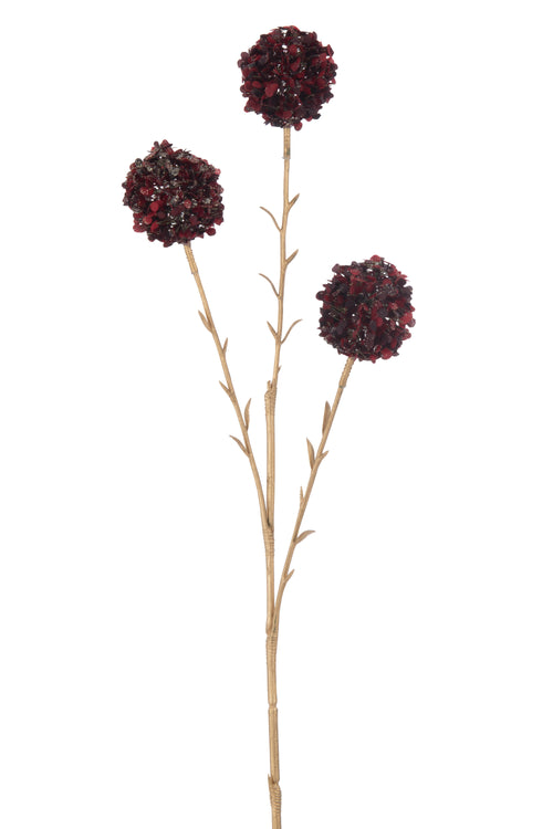 J-Line decoratie Tak 3 Bloemen Pompons - kunststof - rood/goud - large - 12 st.