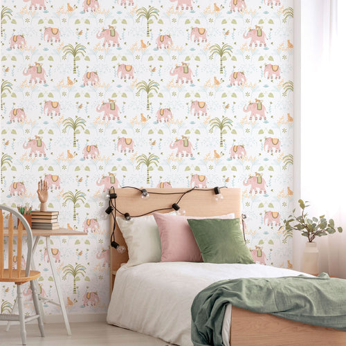 Sanders & Sanders behang olifanten roze, groen en wit - 53 cm x 10.05 m - 640626