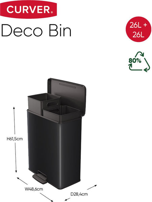 Curver Decobin Duo Prullenbak - 26L+26L - Rechthoekig - Zwart - vtwonen shop