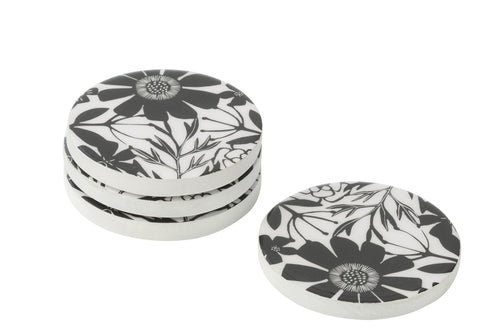 J-Line onderzetter Bloemen - hout - zwart/wit - set van 4