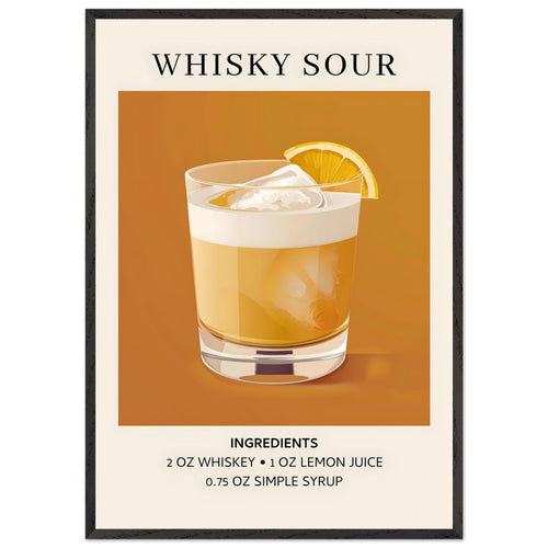 Artfulprints Poster met Lijst Whisky Sour cocktail - Ingrediënten   - 70x100 cm - Oranje
