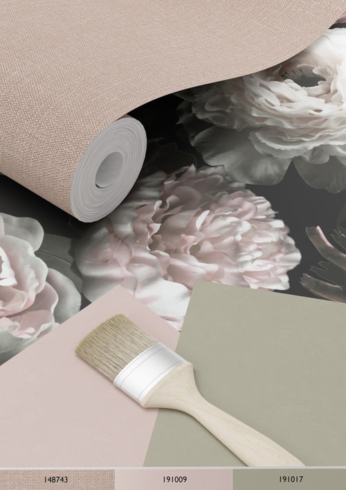 ESTAhome behang bloemen zwart, wit en zacht roze - 53 cm x 10.05 m - 139169