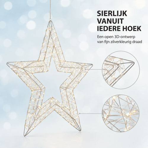 Luca Lighting Hangende Ster Kerstverlichting Zilver Warm Wit 900 LED - Kerstversiering met Timer en Adapter - IJzerdraad Sterlicht voor Raam of Muur -