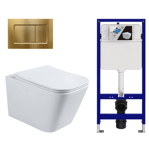 LOMAZOO hangtoiletset Linea - met inbouwreservoir & vierkante drukplaat - vierkant - goud / wit