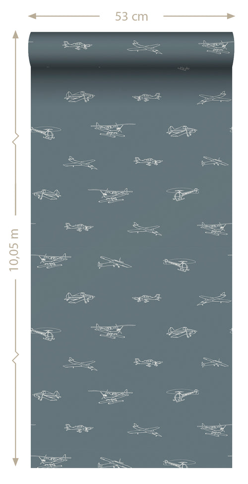 ESTAhome behang helikopters en vliegtuigen vergrijsd blauw - 53 cm x 10.05 m - 139509