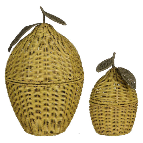 Mica Decorations  Opbergmand met Deksel - Set van 2 - H48 x Ø30 cm - Rotan - Geel - vtwonen shop
