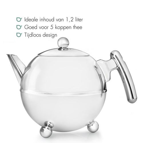 Bredemeijer - Duet® Bella Ronde – Dubbelwandige Theepot – 1,2 liter - RVS - Chroom beslag