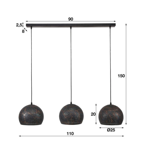 Giga Meubel Hanglamp Punch Bol - Zwart Metaal - 3-Lichts - 110x25x150cm