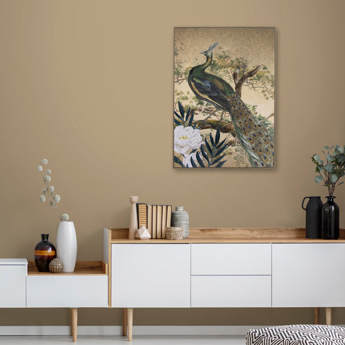 Art for the Home Canvas met handgeschilderde details - Peacock in paradise - 70x50cm