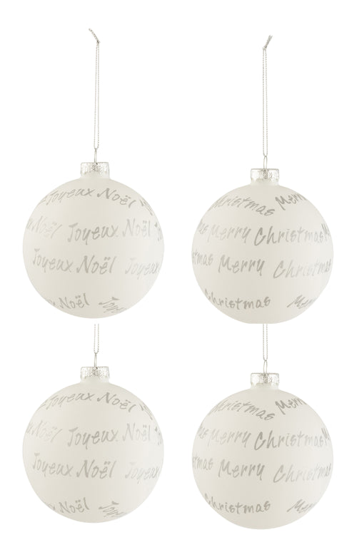 J-Line kerstbal Xmas - glas - wit/zilver - doos van 4 stuks