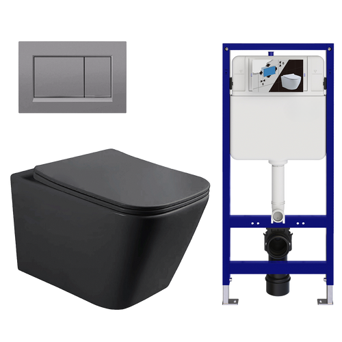 LOMAZOO hangtoiletset Linea - met inbouwreservoir & vierkante drukplaat - vierkant - gun metal / zwart