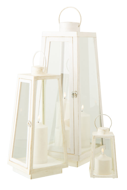 J-Line lantaarn + kaars - glas - wit - large - LED lichtjes