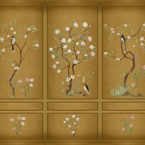 Sanders & Sanders fotobehang bloemen en vogels okergeel - 318 x 280 cm - 640805