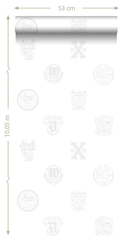 ESTAhome behang school emblemen zilver op wit - 53 cm x 10.05 m - 128805