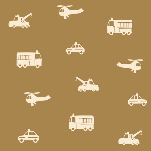 ESTAhome behang auto's, brandweerauto's, helikopters en kranen okergeel - 50 x 900 cm - 131452