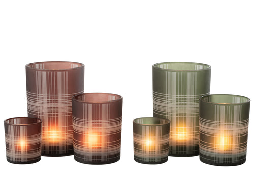 J-Line windlicht Geruit - glas - bruin/groen - large - 2 stuks