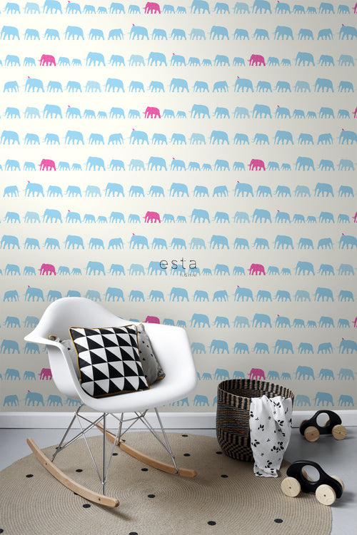 ESTAhome behang olifanten turquoise en roze - 53 cm x 10.05 m - 137329