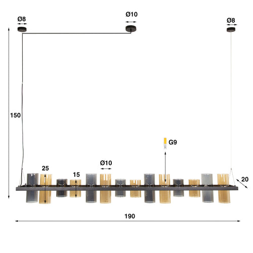 Giga Meubel Hanglamp Cylinder - Zwart Metaal - 14-Lichts - 190x20x150cm - vtwonen shop
