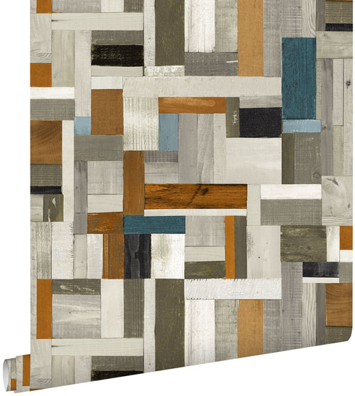 ESTAhome behang sloophout grijs, bruin en vergrijsd oud blauw - 53 cm x 10.05 m - 138515