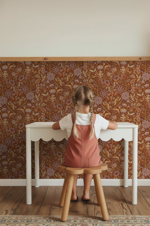 ESTAhome behang vintage bloemen terracotta bruin en donker paars - 50 x 900 cm - 131333