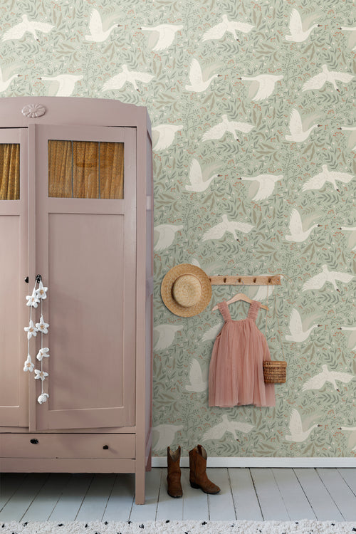 ESTAhome behang zwanen mintgroen - 53 cm x 10.05 m - 130960