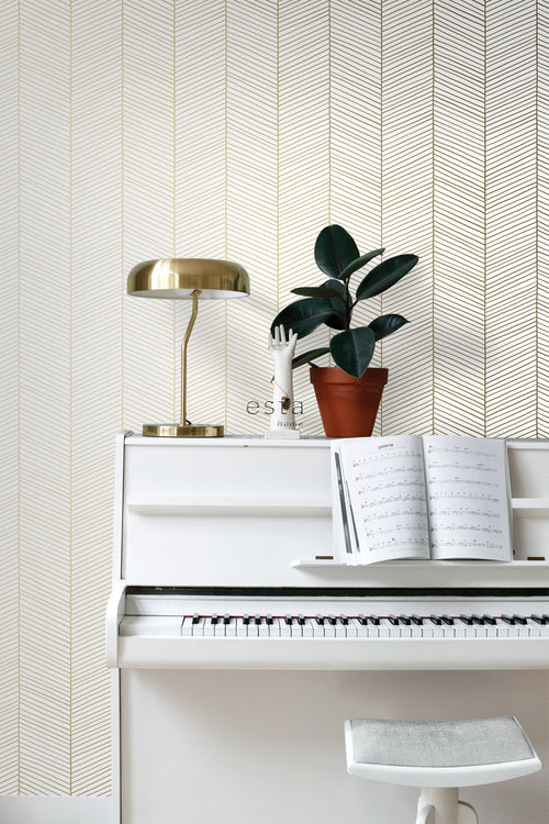 ESTAhome behang visgraat-motief wit en goud - 53 cm x 10.05 m - 139135