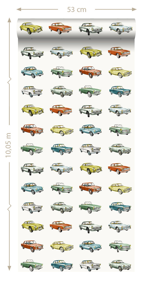 ESTAhome behang vintage auto's oranje, okergeel en groen - 53 cm x 10.05 m - 138732