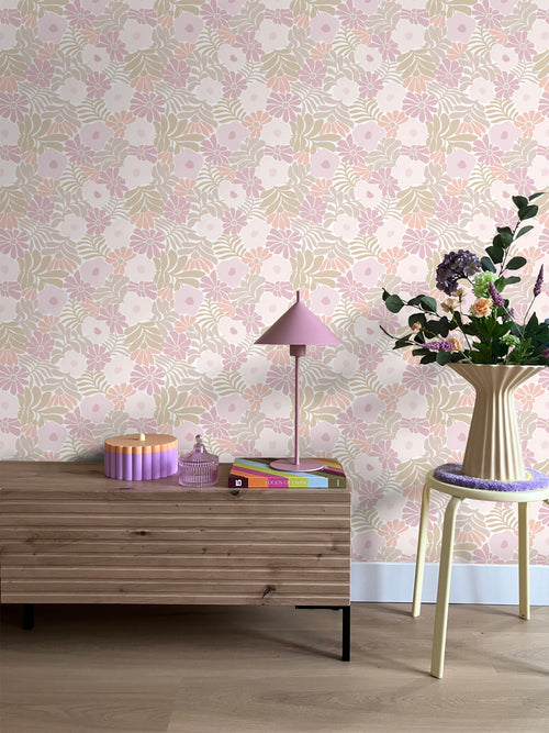 ESTAhome behang bloemen in Matisse stijl lichtpaars, groen en oranje - 53 cm x 10.05 m - 131002