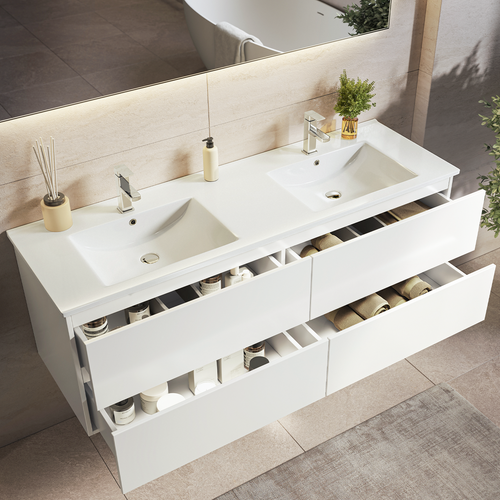 LOMAZOO badmeubelset Nuvano - met hoge kast & witte wastafel - glanzend wit - 140 cm