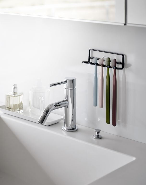 Linkidea Wandbevestiging Tandenborstelhouder voor badkamer, roestvrijstalen tandenborstelstandaard voor elektrische tandenborstel, tandpasta, scheermes, zelfklevende muurmontage/aanrecht 5 sleuven organizer (zwart