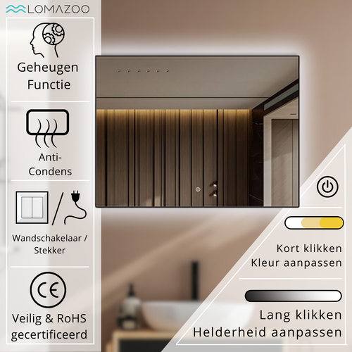 LOMAZOO badkamerspiegel Lyon - met LED verlichting - rechthoekig - zwart - 80 x 60 cm